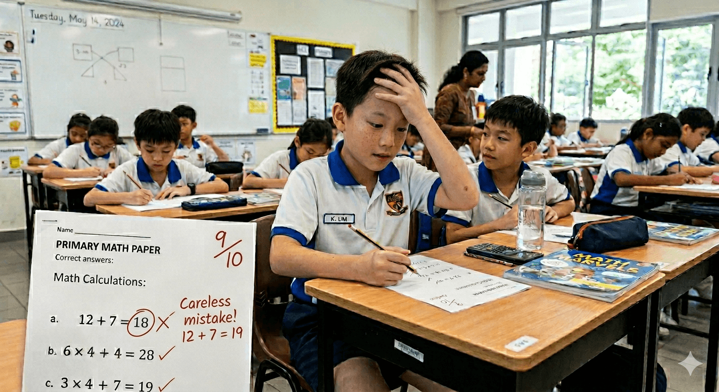 Primary school child noticing a careless mistake in Math work