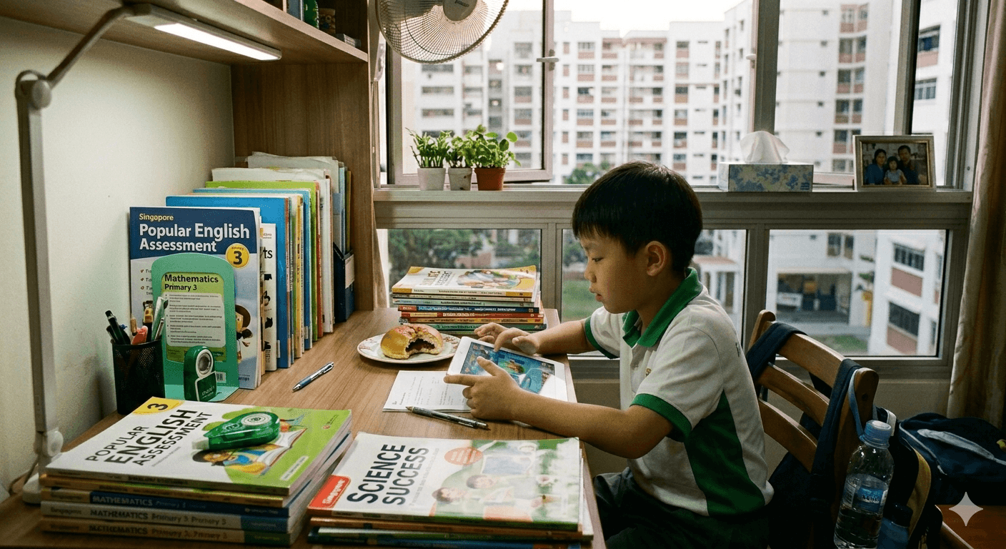 Primary school child distracted by a phone during study time
