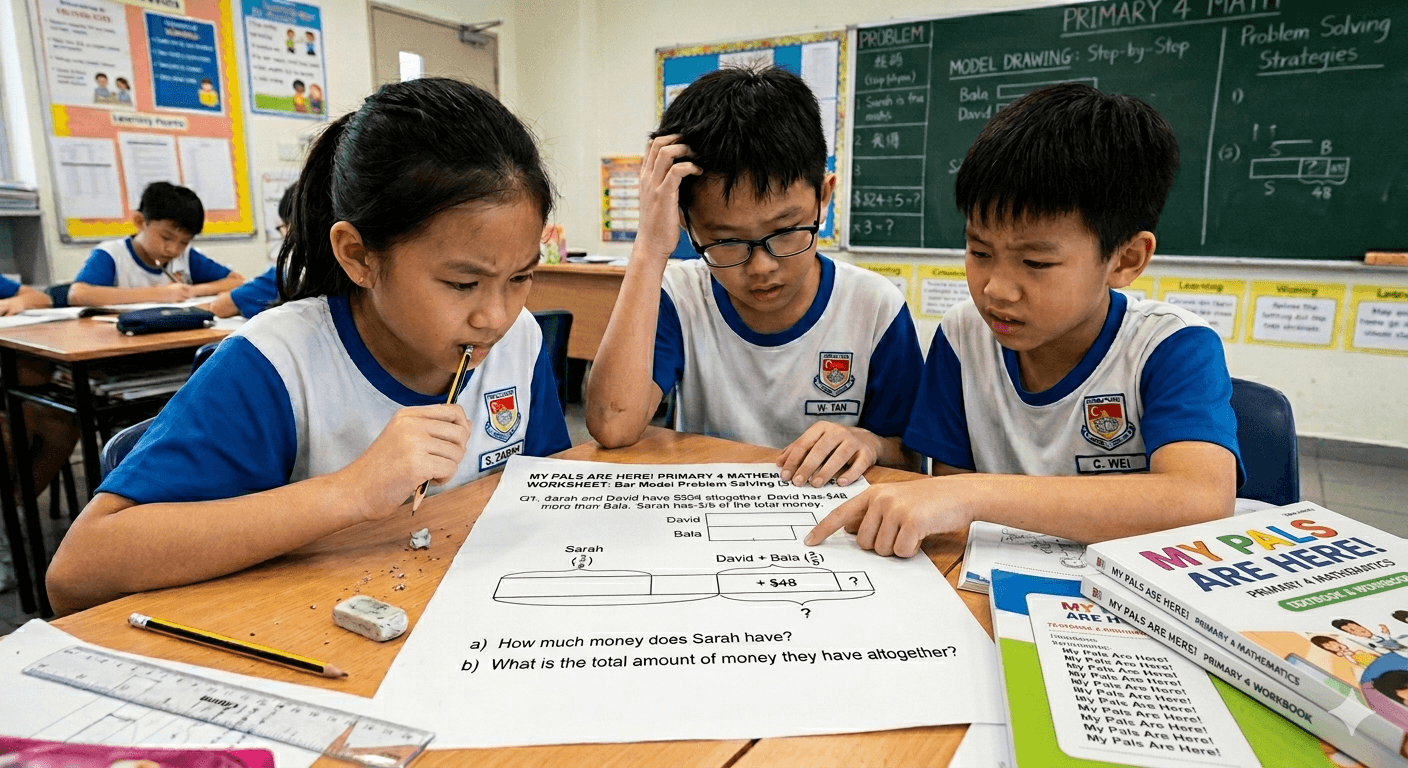 Primary school students working together on a Math word problem with model drawing