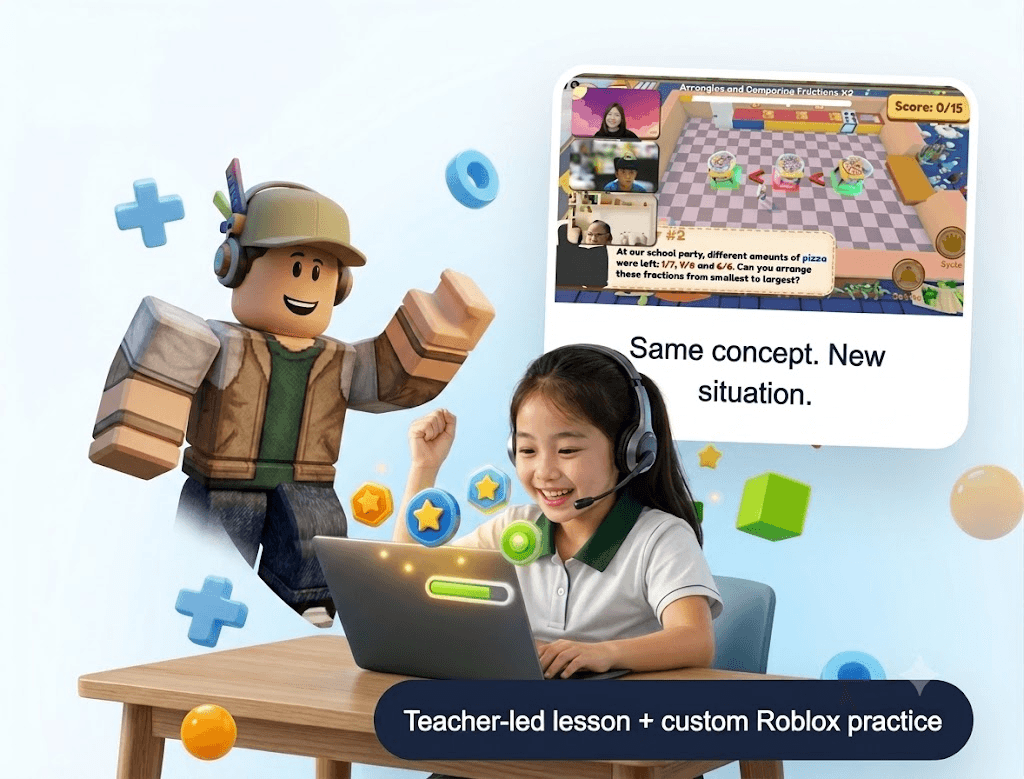 A primary student learning with a teacher-led Roblox practice activity