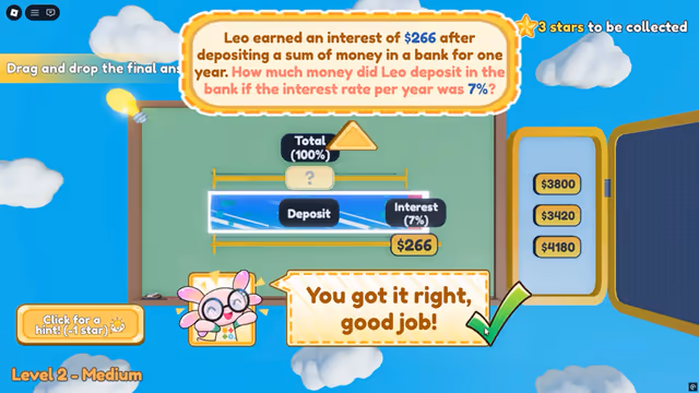 An Ottodot Math game asking a student to solve a multi-step interest problem
