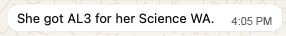Parent message saying their child got AL3 for Science WA.
