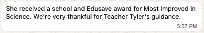 Parent message saying their child received a school and Edusave award for Most Improved in Science.