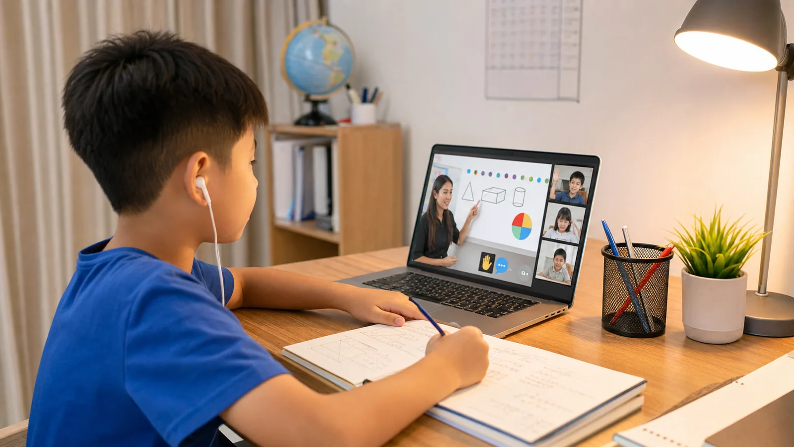 Primary school child participating in an active online tuition lesson at home
