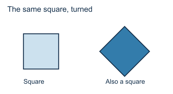 A blue square turned so that one corner points upwards, beside the same square in an upright position.