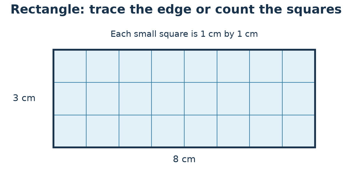 Rectangle on a grid, eight centimetres long and three centimetres wide, containing three rows of eight one-centimetre squares.