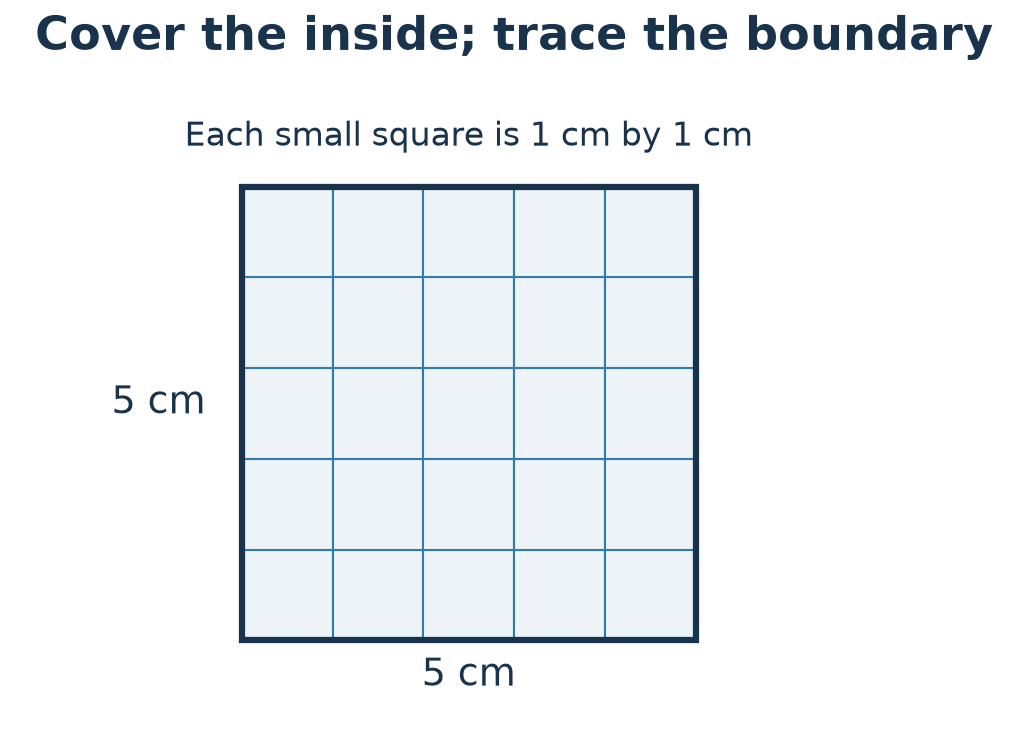 A five-centimetre square divided into 25 one-centimetre squares, with its boundary outlined.