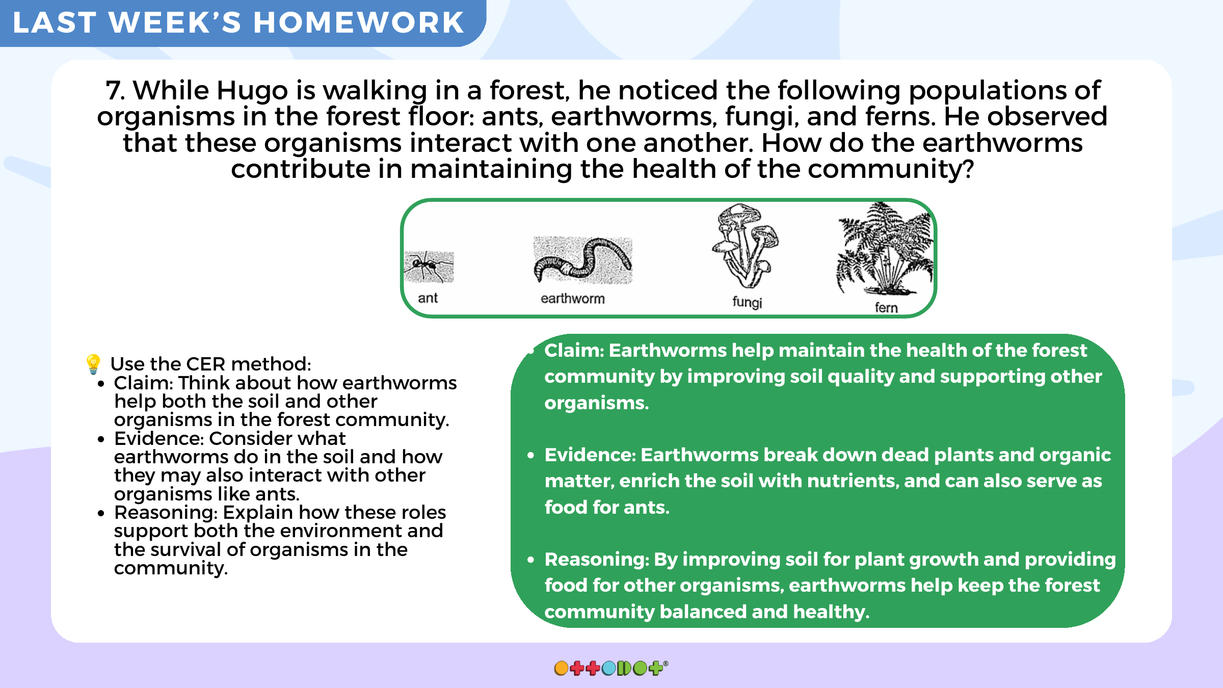 Worked CER example from P6W26 showing how earthworms maintain the health of a forest community.