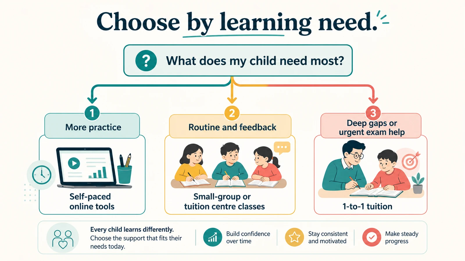 Decision flow for choosing primary tuition based on a child's learning needs