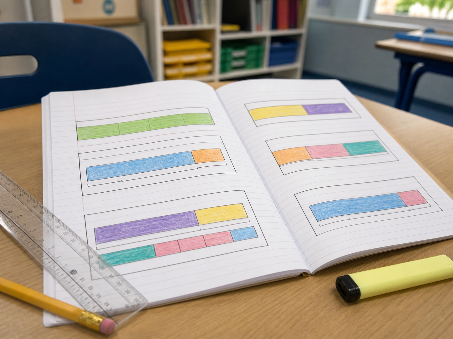 Notebook showing different bar model structures for primary Math