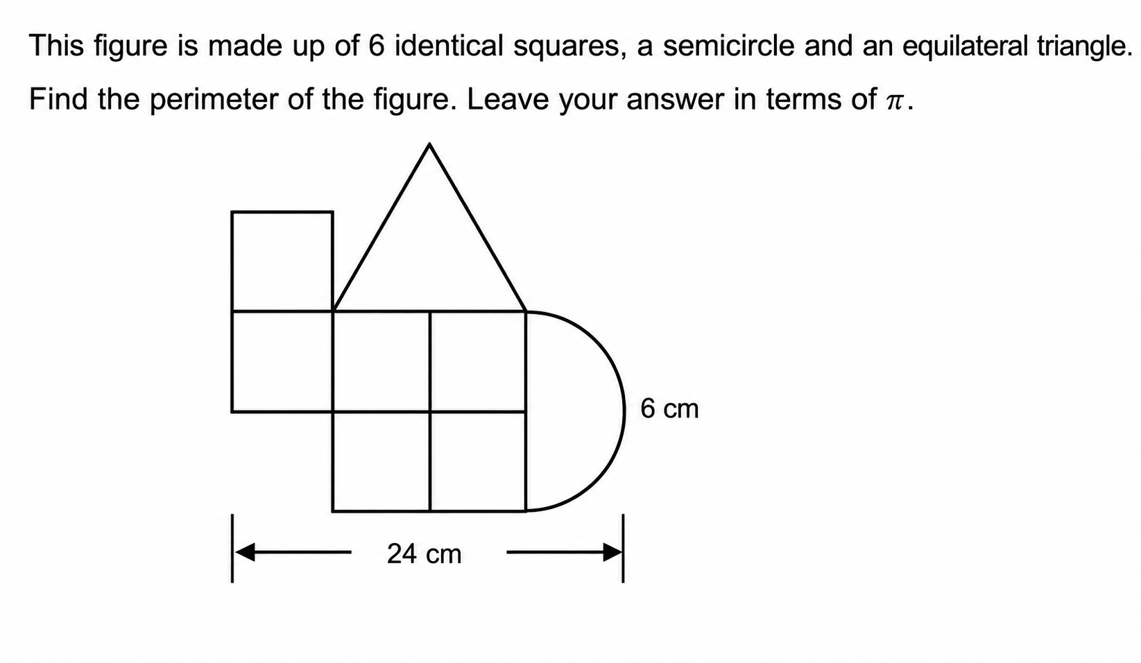 MP6 W19 perimeter challenge with six squares, a semicircle and an equilateral triangle