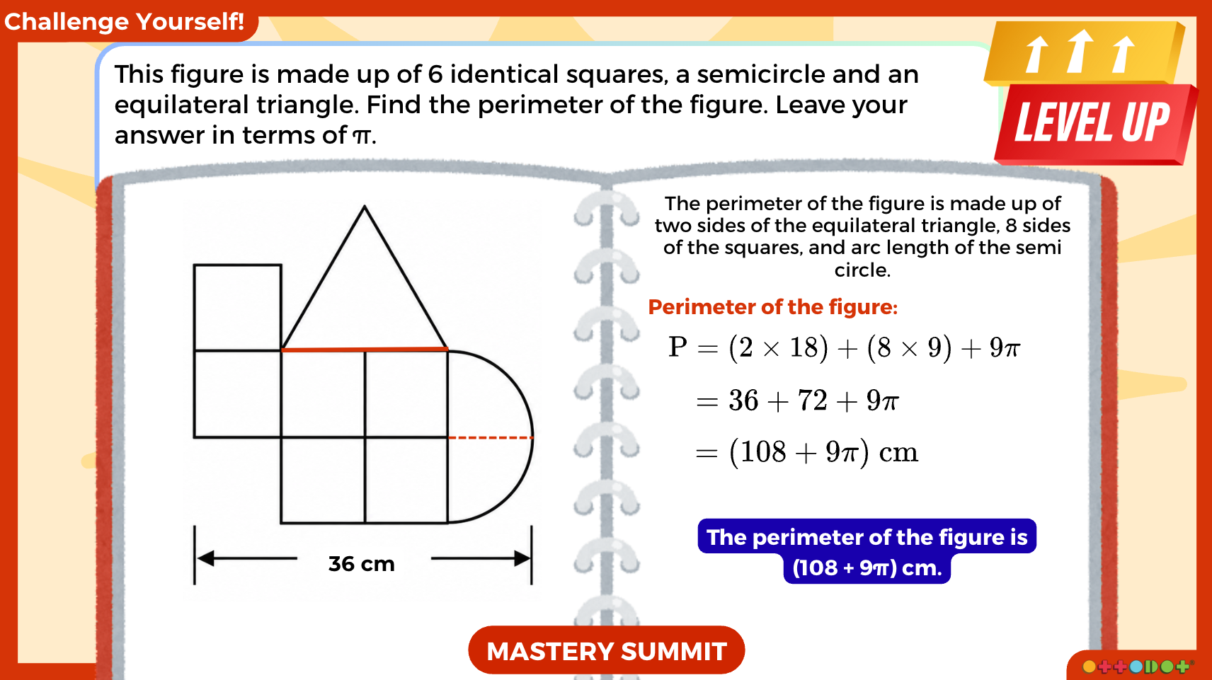 Slide 231 perimeter challenge showing six identical squares, a semicircle, and an equilateral triangle