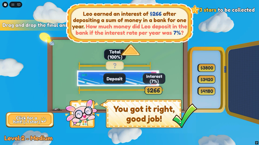 Ottodot game task showing a Math problem with guided choices