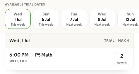 Ottodot trial class booking screen showing a small-group trial with available spots