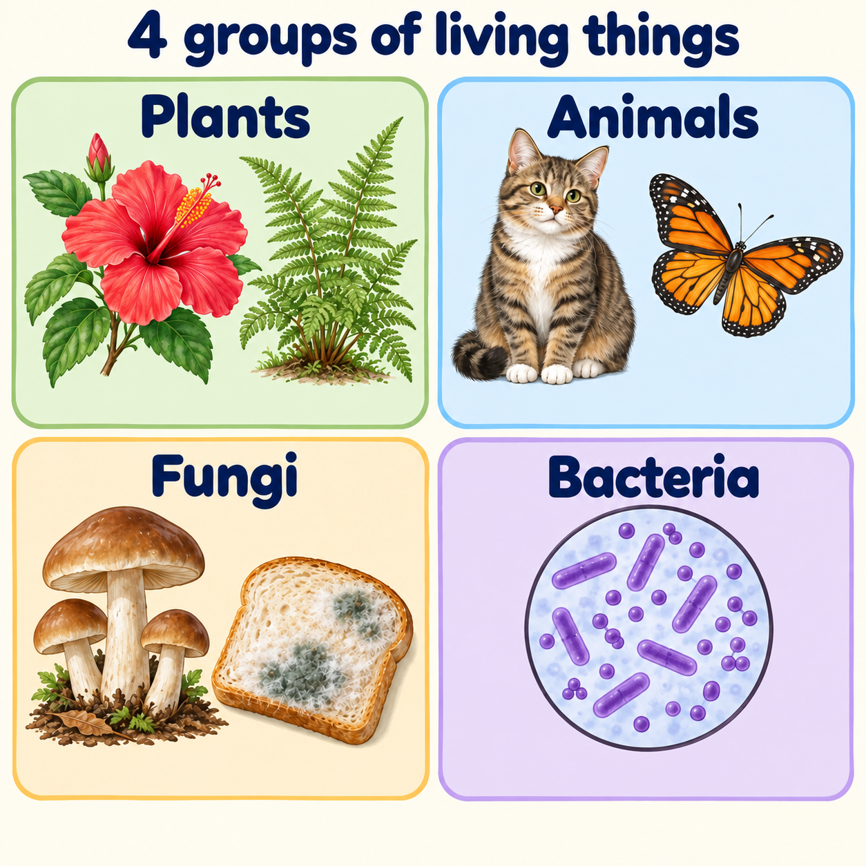 Four groups of living things: plants, animals, fungi and bacteria.