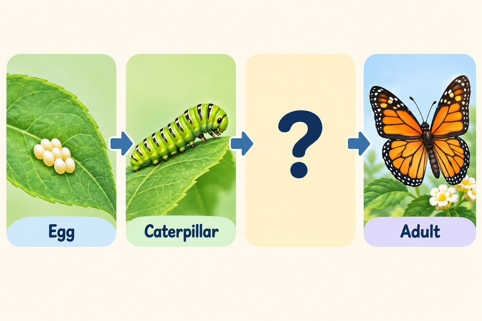Butterfly egg, caterpillar, a missing stage marked with a question mark, and adult butterfly in sequence.