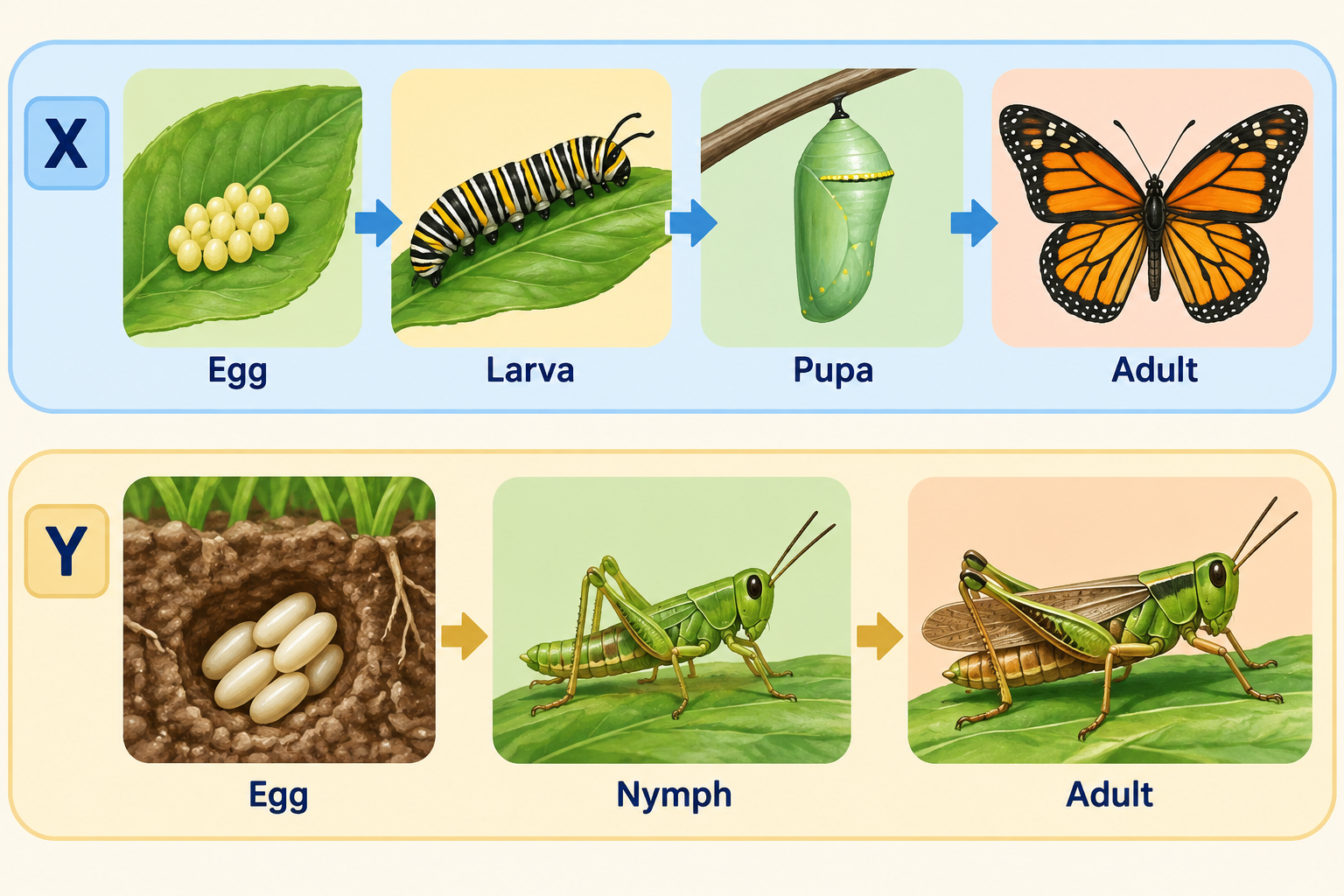 Animal X has egg, larva, pupa and adult stages; animal Y has egg, nymph and adult stages.