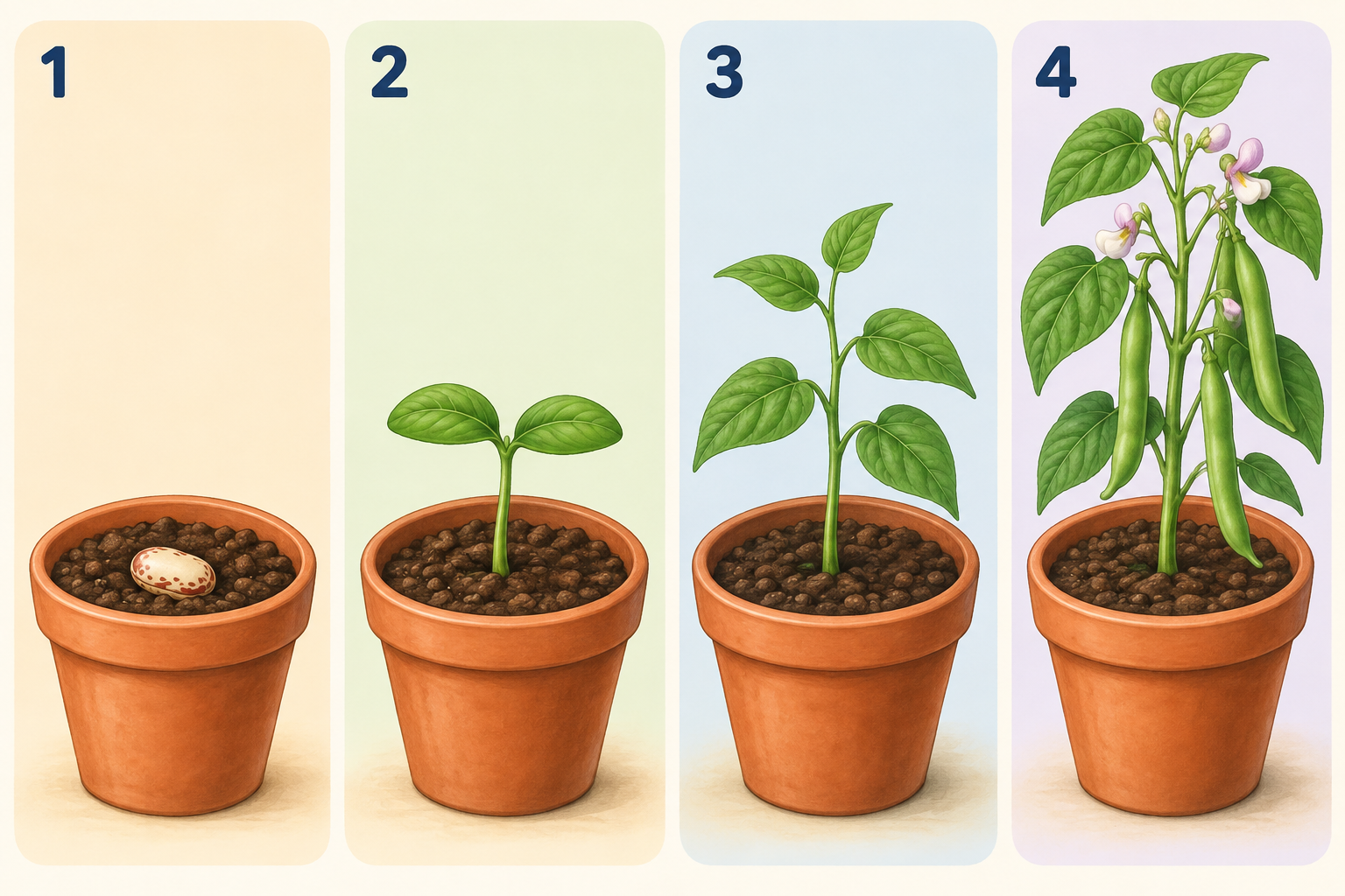 Four plant diary pictures: a seed, a two-leaf young plant, a young plant with more leaves and an adult plant.