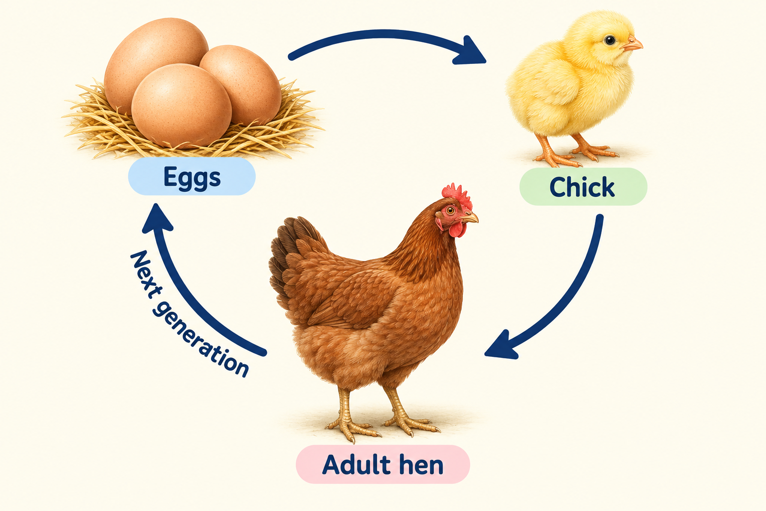 Chicken life cycle with arrows from eggs to chick to adult hen, then to eggs of the next generation.