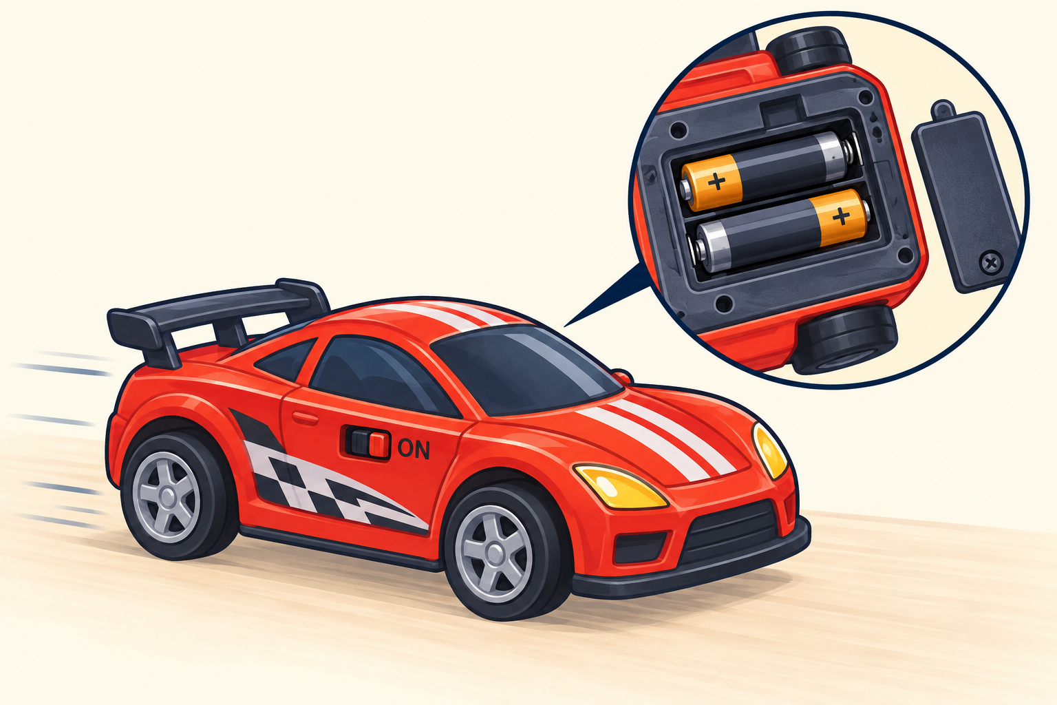 A moving battery-powered toy car with an inset showing its batteries.