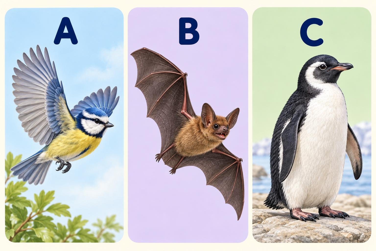Animals A, B and C: a flying feathered bird, a flying furry bat and a flightless feathered penguin.