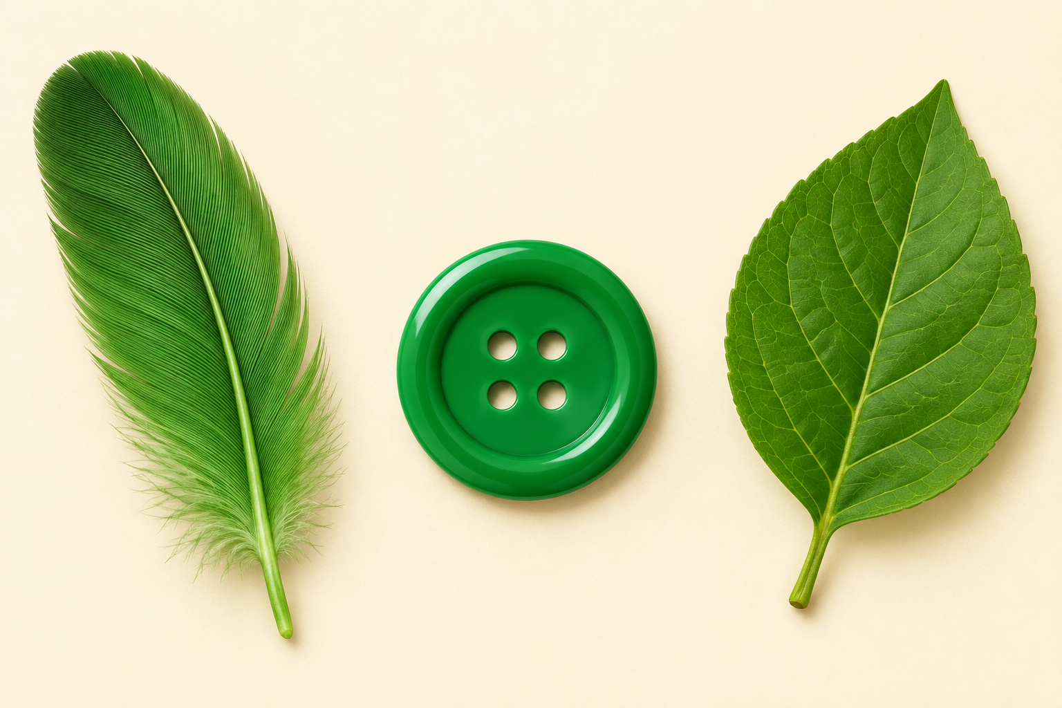 A green feather, a green plastic button and a green leaf.