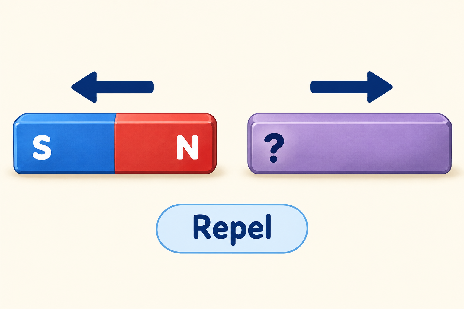 Two confirmed bar magnets repel, with the known north pole facing an unknown pole marked with a question mark.