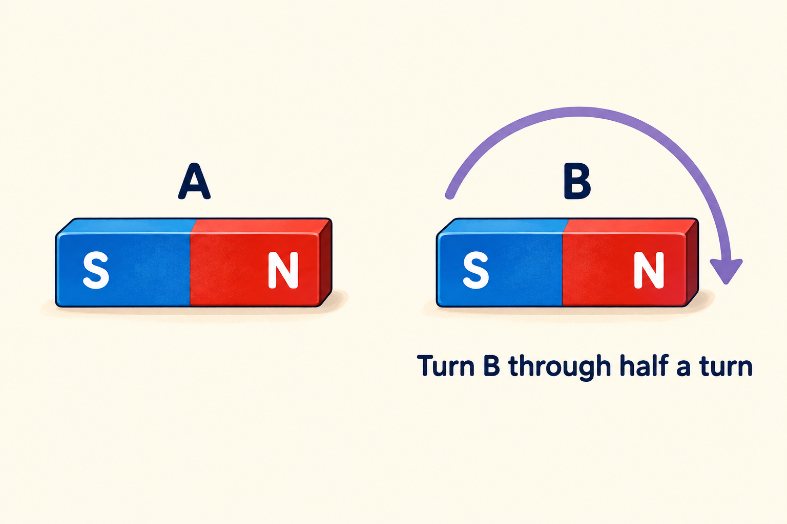 Magnet A has its north pole facing the south pole of B before B is turned through half a turn.