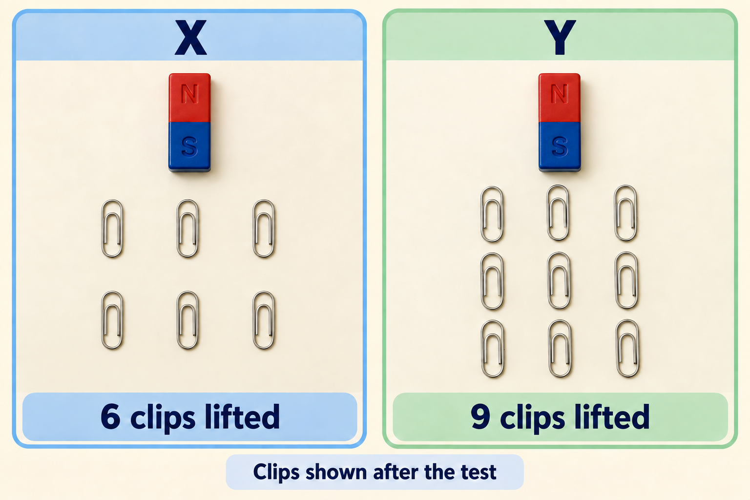 Six identical clips lifted by magnet X and nine lifted by magnet Y, displayed separately after the test.