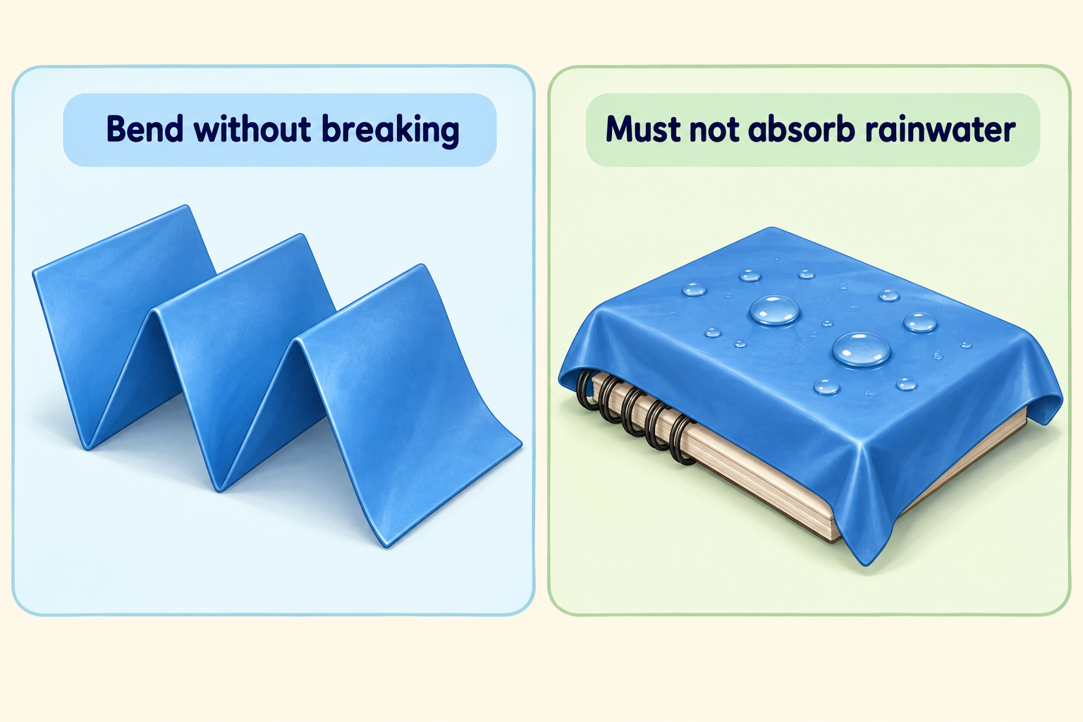 A foldable rain cover must bend without breaking and must not absorb rainwater.