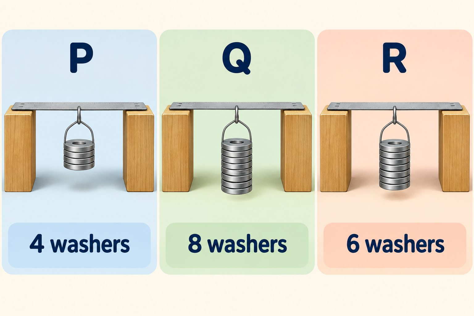Equal-sized strips P, Q and R support four, eight and six identical washers respectively in the strength test.
