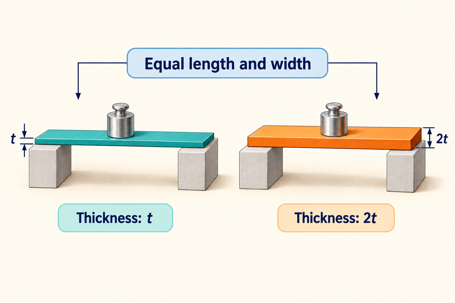 Two strips have equal length and width and identical loads, but the second strip is twice as thick.