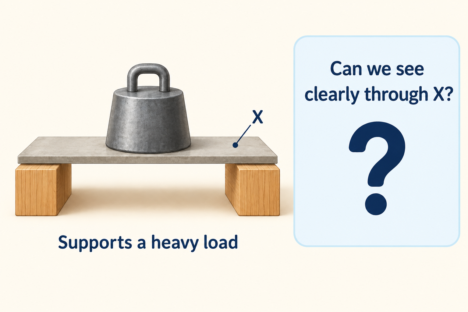 Sample X supports a heavy load; whether an object can be seen clearly through X remains untested.